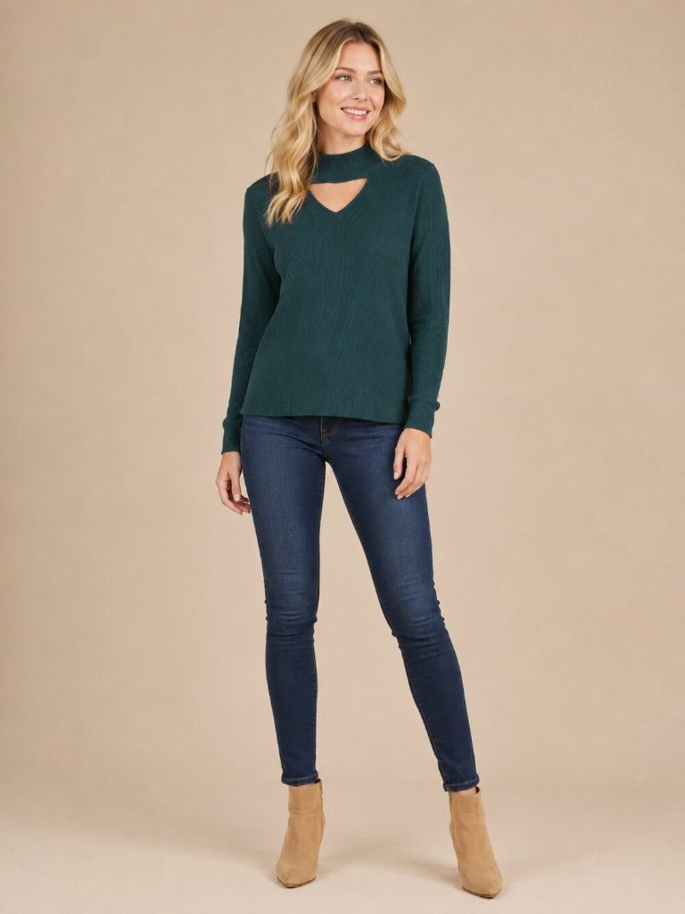 2/$30 Chico's Ribbed Cutout High Neck Sweater Emerald 12 #A4141